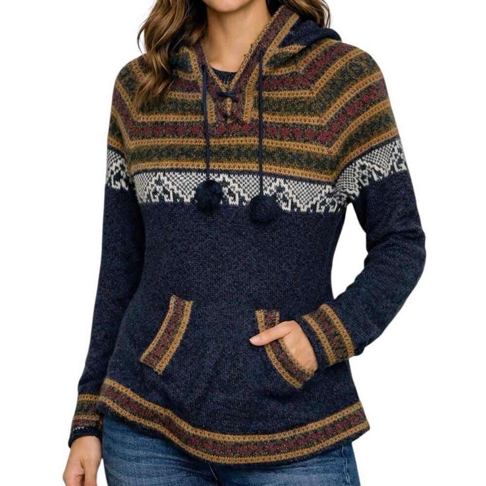 Alpaca‎ Boho Fair Isle Hooded Sweater Pullover w/ Pockets Cozy Festival Style